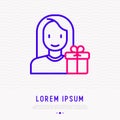 Cartoon woman with gift thin line icon