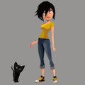 Cartoon woman giving a sausage a small black kitten