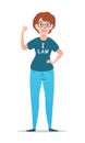 Cartoon woman with glasses in t-shirt with i can lettering. Vector character.