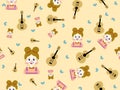 cartoon character girl and guitar seamless pattern on yellow background