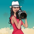 Cartoon woman in hat photographing big camera
