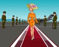 Cartoon woman in a hat walking on the red carpet of the aircraft Royalty Free Stock Photo