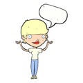 cartoon woman holding arms in air with speech bubble