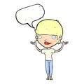 cartoon woman holding arms in air with speech bubble