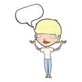 cartoon woman holding arms in air with speech bubble