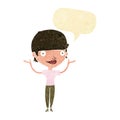 cartoon woman holding arms in air with speech bubble