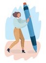 Cartoon woman holding big pencil and drawing. Royalty Free Stock Photo