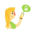 Cartoon woman holding smartphone protected from hacker threats, cybersecurity cartoon vector Illustration