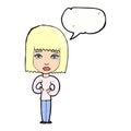 cartoon woman indicating self with speech bubble