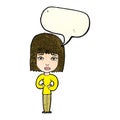 cartoon woman indicating self with speech bubble