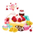 Cartoon Woman Jumping At A Pile of Cute Sweets Desserts