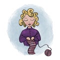 Cartoon woman knitting hobby