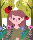 cartoon woman with ladybug flowers tree nature foliage spring Royalty Free Stock Photo