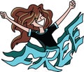 Cartoon woman with long hair standing behind a free text with her arms wide open, feeling happy, vector