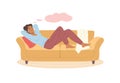 Woman lying on sofa and dreaming cartoon character