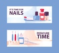 Cartoon woman manicure banners. Beautiful female nails step by step. Nail cleaner, scissors, cuticle pusher, toe
