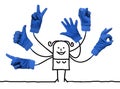 Cartoon Woman with Multi Blue Hands Signs