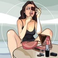 Cartoon woman paints her lips getting ready for a date
