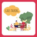 Cartoon Woman Park Bench Girls Talking Outdoors