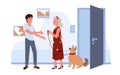 Cartoon woman pet owner holding out dog leash to young man worker, standing at door of house. Domestic animal daycare