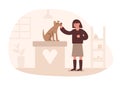 Cartoon happy woman petting dog in clinic illustration