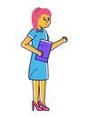 Cartoon woman with pink hair holding a clipboard presenting or teaching. Professional female in blue dress explains a