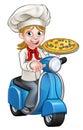 Cartoon Woman Pizza Chef on Moped Scooter Royalty Free Stock Photo