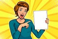 Cartoon woman points to a blank template. Vector illustration in pop art retro comic style