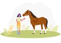 Cartoon Woman with Prosthetic Leg Feed Apple Horse Royalty Free Stock Photo