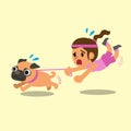 Cartoon woman pulled by her pug dog