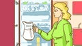 Cartoon Woman puts to the refrigerator a carafe with water or milk