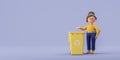 Cartoon woman putting paper into yellow trash can, copy space