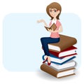 Cartoon woman reading book on stack of book