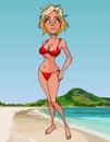 Cartoon woman in a red swimsuit stands on the ocean Royalty Free Stock Photo