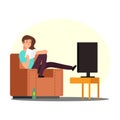 Cartoon woman rest on chair with book, tv and beer bottle vector illustration