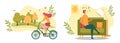 Cartoon Woman Ride Bicycle Man Listening Music