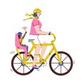 Cartoon woman riding adult bicycle with child in baby passenger seat