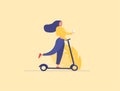 Cartoon Woman Riding Scooter Holding Mobile Phone Banner Vector Illustration. Girl with Smartphone on Vehicle. Online