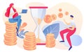 Cartoon Woman Sit on Coin Stack Man Pay Money