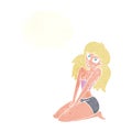 cartoon woman in skimpy clothing with thought bubble