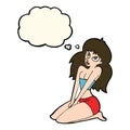 cartoon woman in skimpy clothing with thought bubble