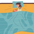 Cartoon woman sleep in bed. Young resting female character, bedtime cozy scene flat vector illustration isolated on white