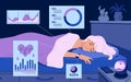 Cartoon woman sleeping in bed using electronic device for sleep quality analysis, icons with infographic charts of