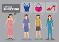 Cartoon woman suggest going shopping and others are thinking of items to buy