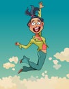 Cartoon woman in a suit is happily jumping on a background of the sky