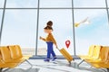 Cartoon woman with suitcase in airport, geo tag and flying airplane