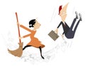 Cartoon woman tidying up the office with the man illustration