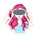 Cartoon woman take vr eyeglasses