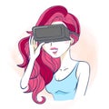 Cartoon woman take vr eyeglasses