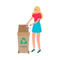 Cartoon woman throwing broken phone in e-waste recycling bin Royalty Free Stock Photo